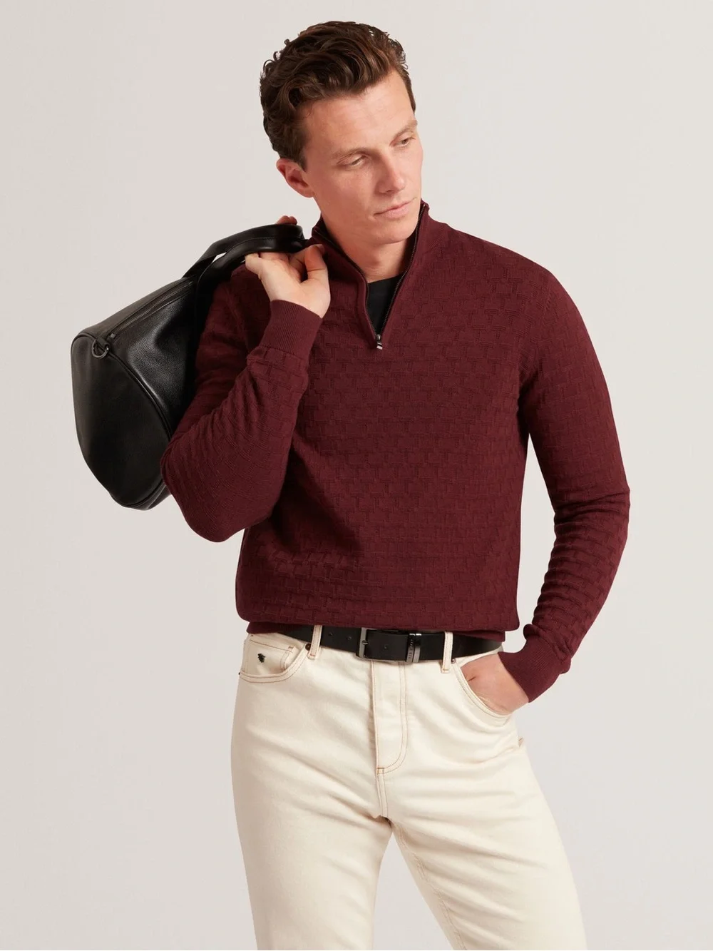 Ted Baker London NWT Men’s Jeremee Branded Texture Zip Neck Jumper Sweater